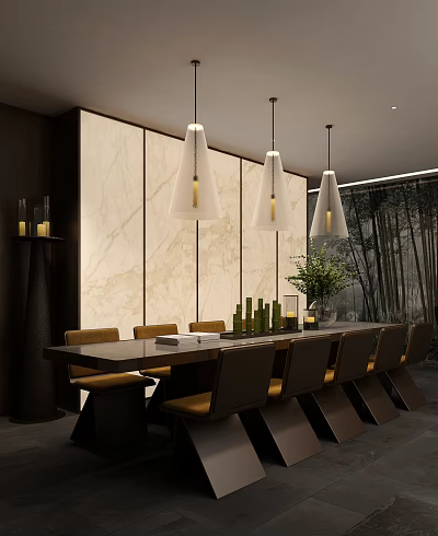 Elegant Modern Restaurant Interior With Marble Wall Pendant Lights Long Dining Table Chairs Green Plants 3d model