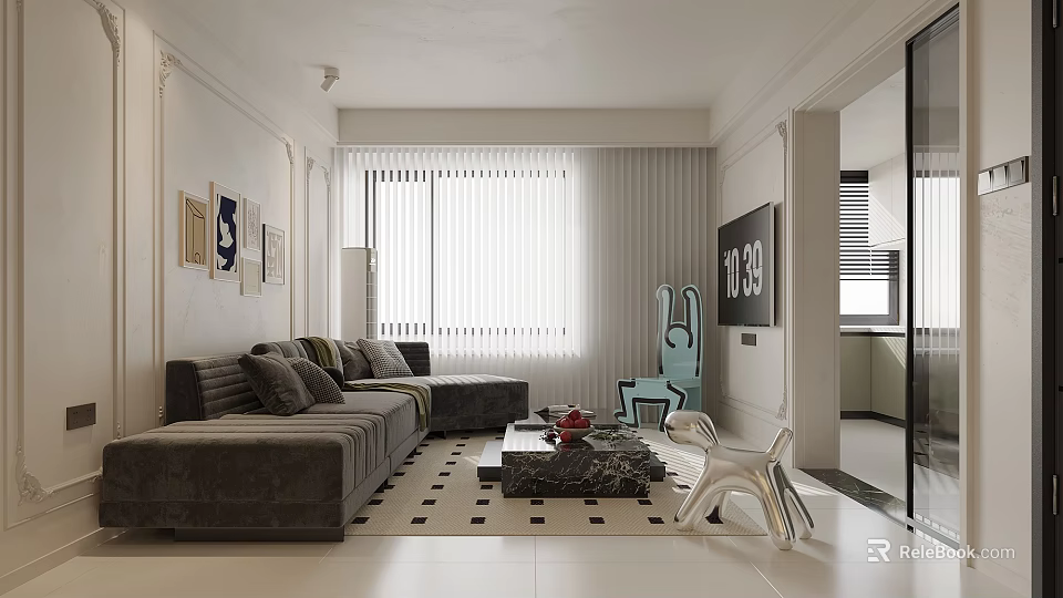 Modern Living Dining Room Interior With Gray Sofa Geometric Floor And Floor To Ceiling Window 3d model 