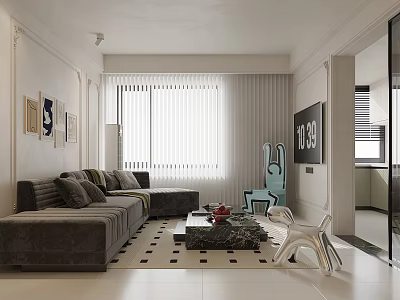 Modern Living Dining Room Interior With Gray Sofa Geometric Floor And Floor To Ceiling Window 3d model