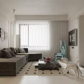Modern Living Dining Room Interior With Gray Sofa Geometric Floor And Floor To Ceiling Window