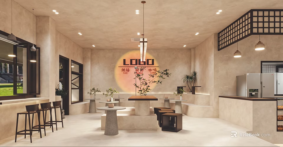 Warm Dessert Shop Interior With Sunset Logo Tables Stools Plants Hanging Lights And Neutral Walls 3d model 