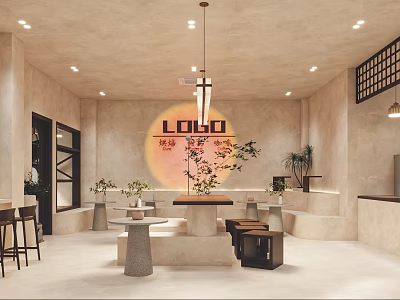 Warm Dessert Shop Interior With Sunset Logo Tables Stools Plants Hanging Lights And Neutral Walls 3d model