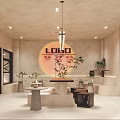 Warm Dessert Shop Interior With Sunset Logo Tables Stools Plants Hanging Lights And Neutral Walls