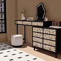 Dressing Table with Patterned Drawers Mirror on Top Stool Beside By Window and Vase Decoration 3d model