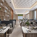 Modern Restaurant Interior With Green Living Wall Dining Tables Shelves And Decorative Ceiling