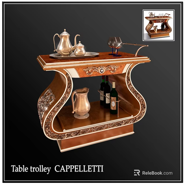 Ornate Dining Table With Carved Design Silver Teapot Copper Pitcher Wine Glasses And Wine Bottles 3d model 