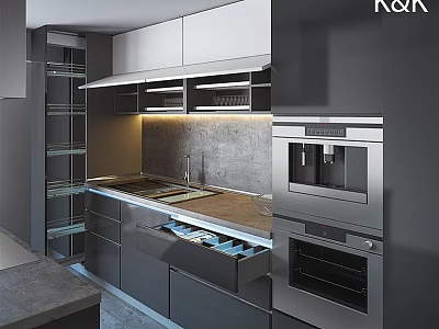 Modern Gray Kitchen Interior With Sleek Cabinets Island Counter And Appliances 3d model
