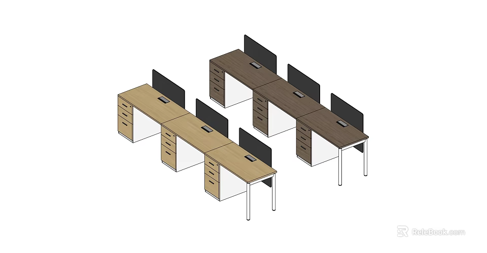 Wooden Office Desks With Multiple Workstations Computer Monitors And Drawers Layout 3d model