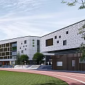Modern School Building Design With Large Windows Track Green Courtyard And Playground