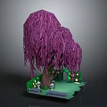Purple Weeping Willow Tree with Green Grass Small Flowers Lamp Posts and Small Platform
