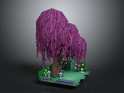 Purple Weeping Willow Tree with Green Grass Small Flowers Lamp Posts and Small Platform 3d model