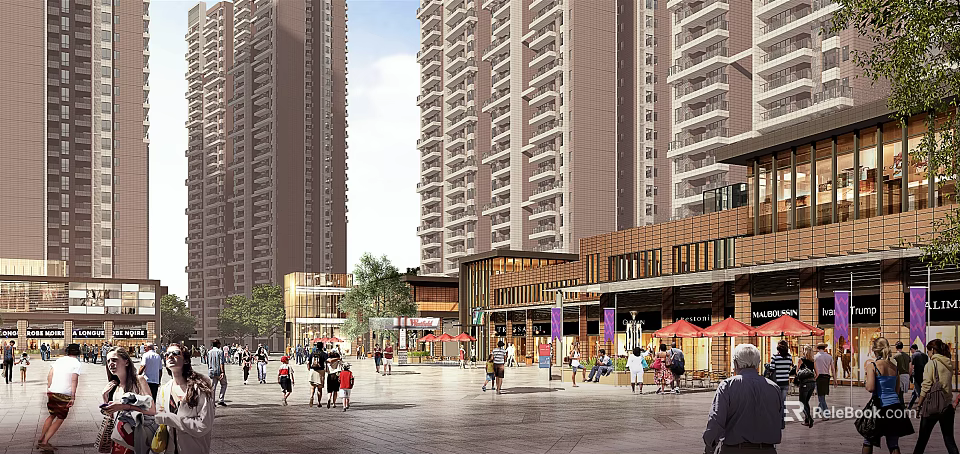 Vibrant Commercial Street With Tall Buildings Shops Umbrellas And Pedestrians In Plaza 3d model 