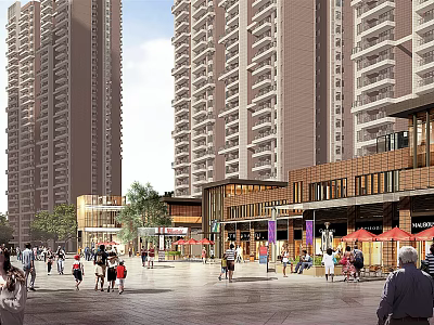 Vibrant Commercial Street With Tall Buildings Shops Umbrellas And Pedestrians In Plaza 3d model