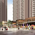 Vibrant Commercial Street With Tall Buildings Shops Umbrellas And Pedestrians In Plaza