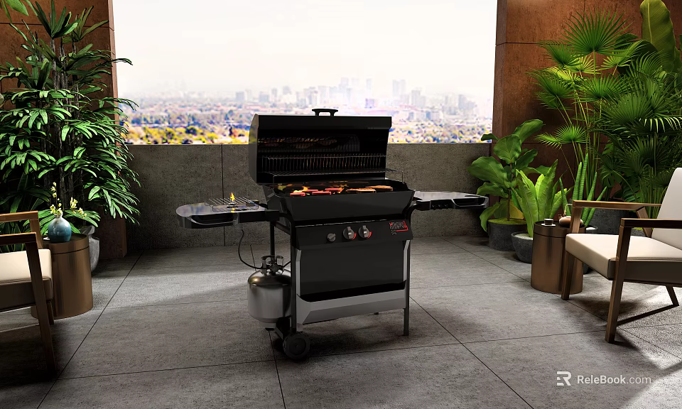Outdoor Grill Setup On Balcony With City View And Green Plants 3d model 