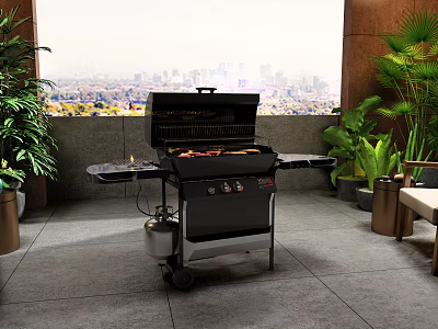 Outdoor Grill Setup On Balcony With City View And Green Plants 3d model