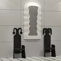 Wavy Framed Mirror with Checkerboard Pattern Between Two Black Chairs in Gray Tiled Room