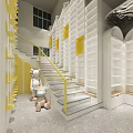 Modern Light Luxury Retail Store Interior With Yellow White Decor Display Shelves And Counter
