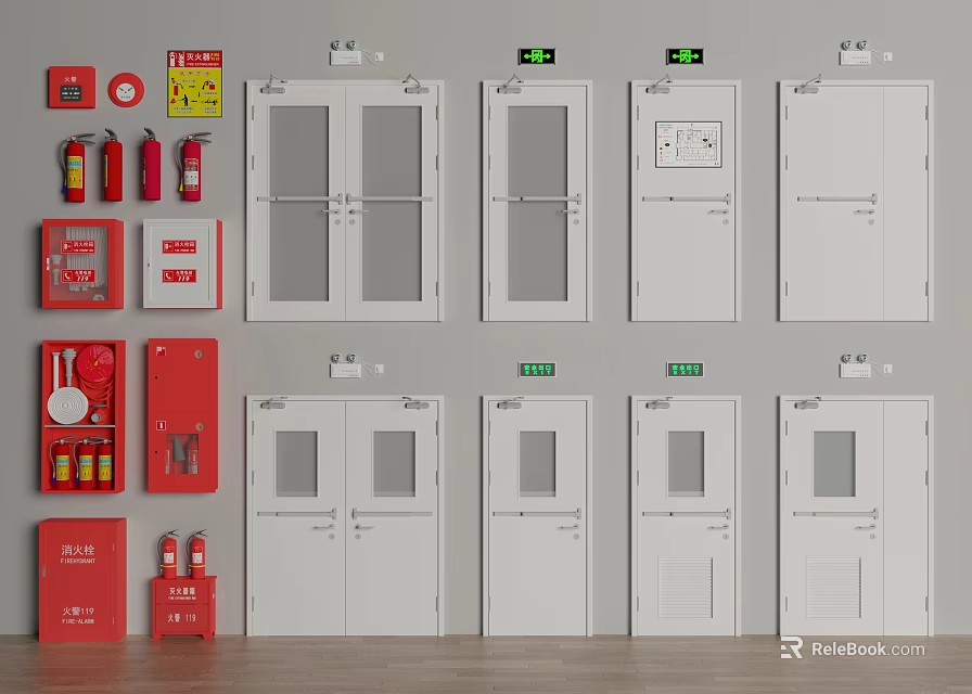 Fire Safety Equipment And Fire Doors Display With Extinguishers And Hydrants 3d model 