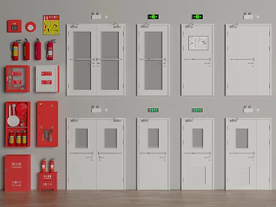 Fire Safety Equipment And Fire Doors Display With Extinguishers And Hydrants 3d model