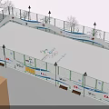 Outdoor Olympic Ice Rink With COC Logo Fencing Street Lamps And Benches