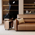 Leather Sofa and Coffee Table Set with Pillows Throw Blanket and City View Window