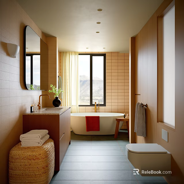 Modern Bathroom Interior Design With Wooden Cabinets Bathtub Large Window And Red Towel 3d model 