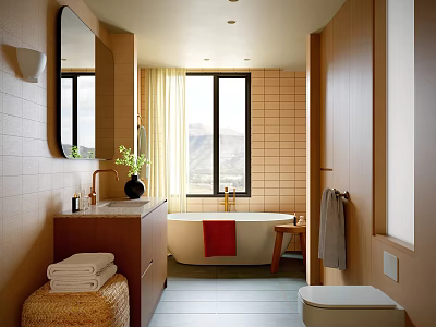 Modern Bathroom Interior Design With Wooden Cabinets Bathtub Large Window And Red Towel 3d model