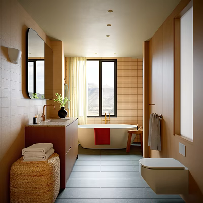 Modern Bathroom Interior Design With Wooden Cabinets Bathtub Large Window And Red Towel 3d model