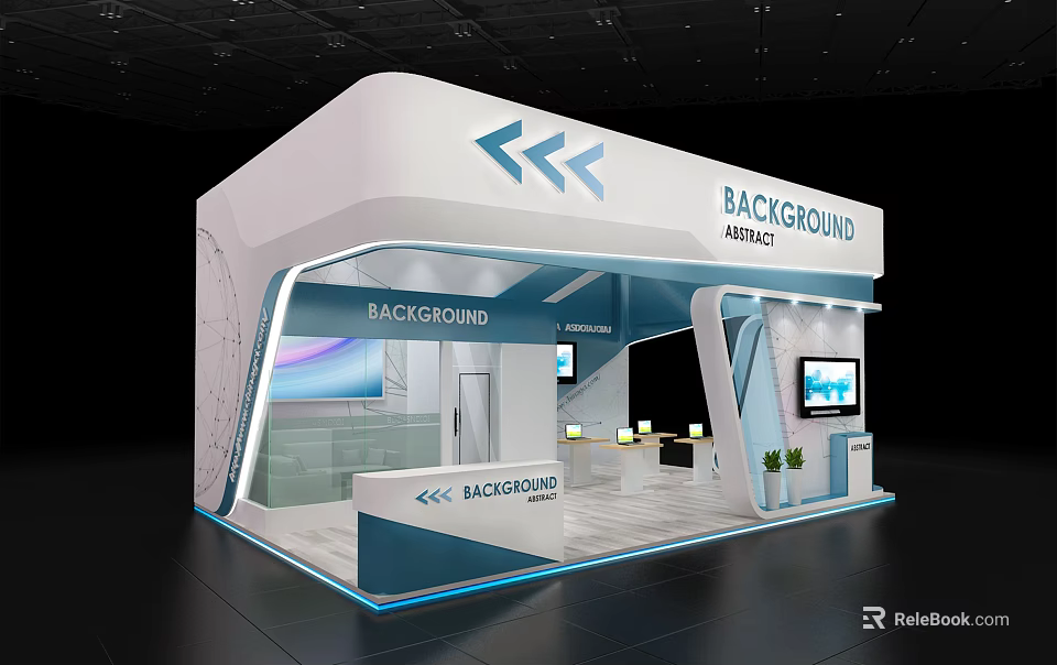 Modern White And Blue Exhibition Booth With Background Branding Glass Structure And Reception Desk 3d model 