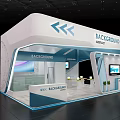Modern White And Blue Exhibition Booth With Background Branding Glass Structure And Reception Desk