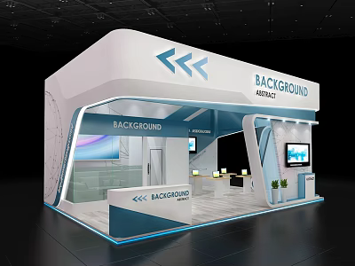 Modern White And Blue Exhibition Booth With Background Branding Glass Structure And Reception Desk 3d model