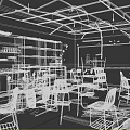 School Dilapidated Classroom With Damaged Desks Chairs Blackboard Bookshelves And Ceiling