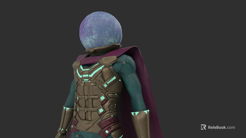 Sci Fi Character Creature With Purple Spherical Head Glowing Lines Armor And Purple Cloak 3d model 