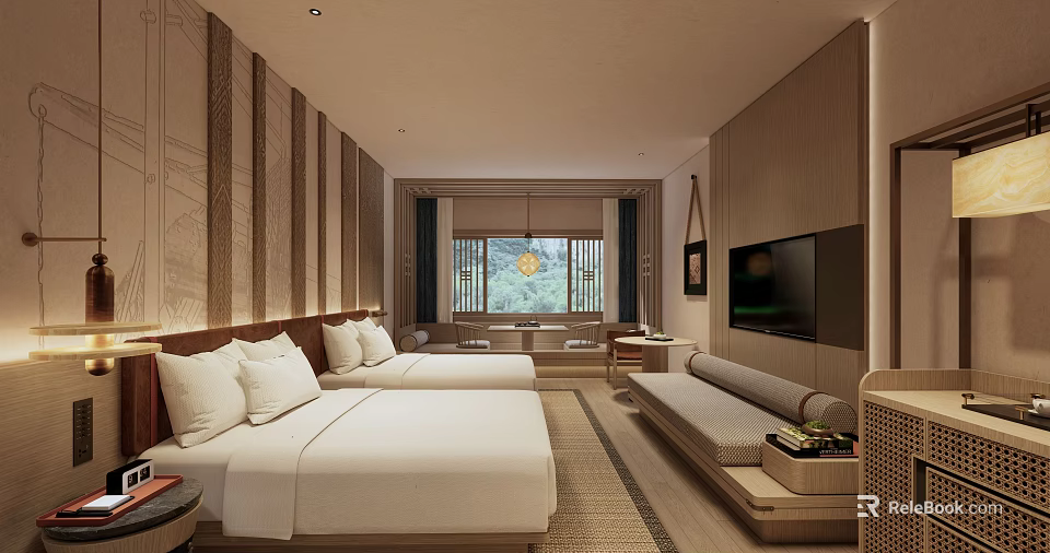 Hotel Guest Room Interior With Double Bed Sofa Seating Flat Screen TV And Wooden Decor 3d model 