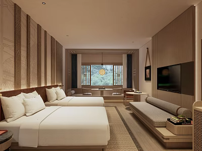 Hotel Guest Room Interior With Double Bed Sofa Seating Flat Screen TV And Wooden Decor 3d model