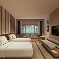 Hotel Guest Room Interior With Double Bed Sofa Seating Flat Screen TV And Wooden Decor