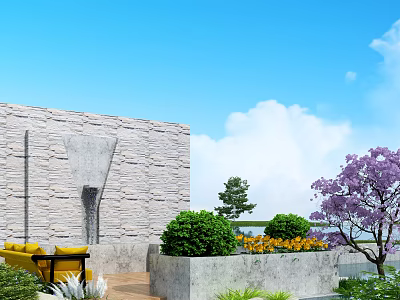 Garden Landscape Design With Stone Wall Waterfall Yellow Sofa Green Shrubs And Purple Flowering Tree 3d model
