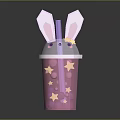Adorable Pink Rabbit Ear Lid Cup With Star Patterns And Straw 3d model