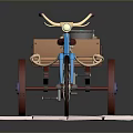 Blue Bicycle With Wooden Trailer Featuring Red Wheels And Colorful Toys