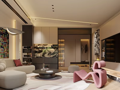 Modern Luxury Living Room Interior Design With Sofa Coffee Table Pink Chair And Artwork 3d model
