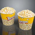 Two Yellow Popcorn Buckets With Printed Popcorn Design On Dark Reflective Background 3d model