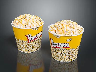 Two Yellow Popcorn Buckets With Printed Popcorn Design On Dark Reflective Background 3d model