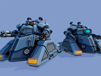Blue Smart Machines with Weapons Glowing Eyes and Mechanical Robotic Design 3d model