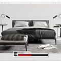 Modern Double Bed With Gray Bedding Bedside Tables Bench And Floor Lamp 3d model