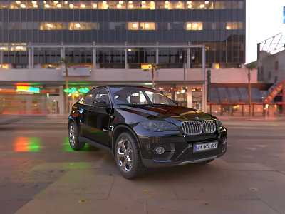 Black BMW SUV Parked On Urban Street With High Rise Buildings And Evening Lights 3d model