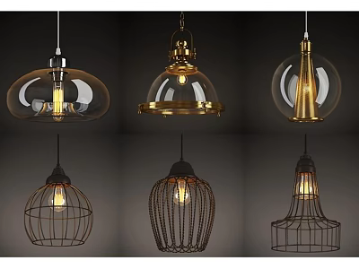 Modern Pendant Lights With Glass Shades And Metal Wire Cages Gold Black Finishes 3d model