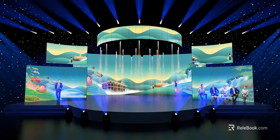 Stage Design With Blue Lighting Mountain Landscape Screens And People Presenting 3d model 