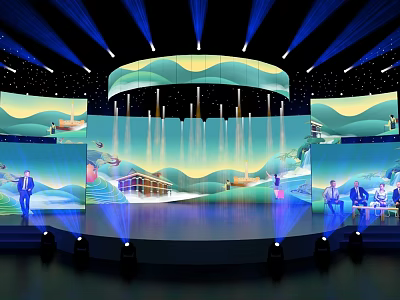 Stage Design With Blue Lighting Mountain Landscape Screens And People Presenting 3d model