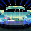 Stage Design With Blue Lighting Mountain Landscape Screens And People Presenting